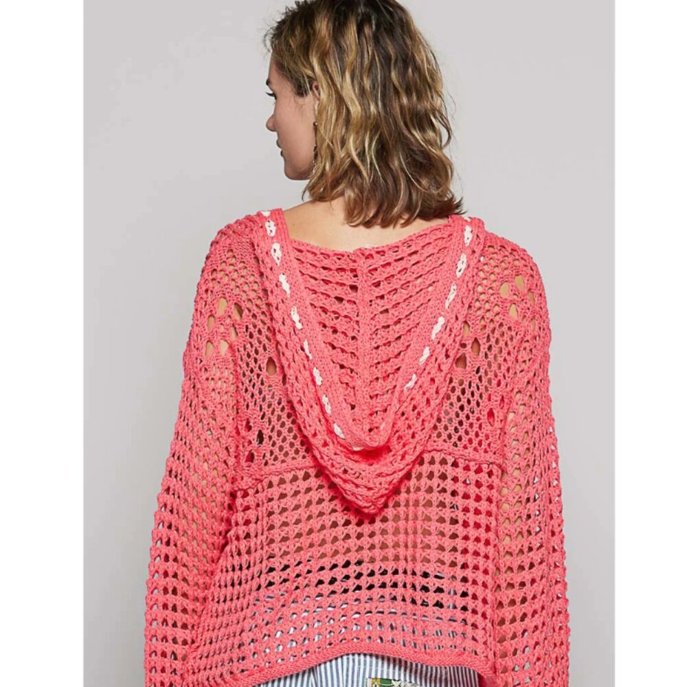 319 POL American Flag Black Open Knit Crochet Hoodie Top NWT Peach Echo - Picture 2 of 3